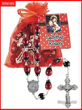 Red Lady Bug Rosary Necklace Gift Set with Organza Bag, Catholic Prayer Jewelry